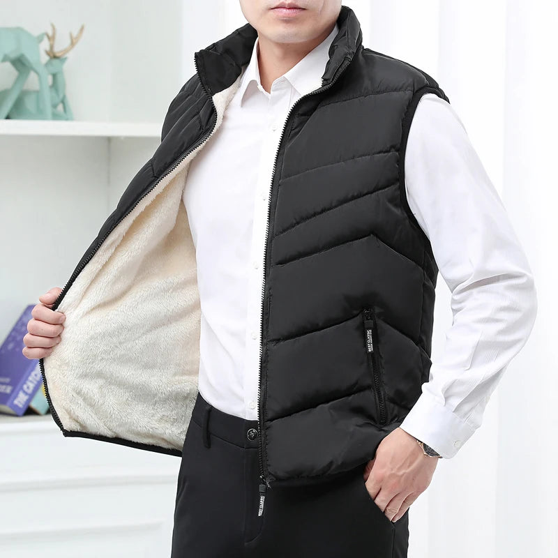 Winter Business Wool Lined Vest Jacket Men Slim Fit Stand Collar Sleeveless Puffer Jackets Autumn Casual Waistcoat Men Warm Coat