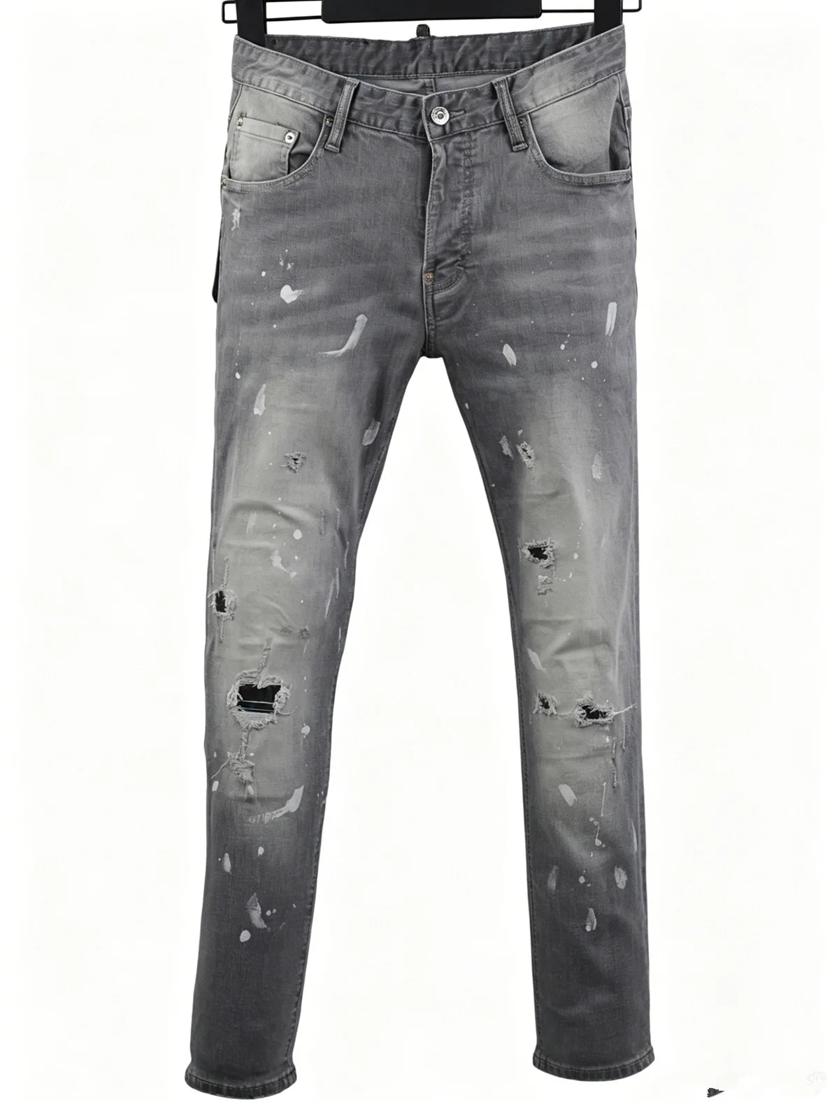 6058 Four Seasons New Men's Wash Grinding Hole Patch Paint Splash Ink Micro-bullet Leg Grey Jeans for Men