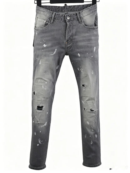6058 Four Seasons New Men's Wash Grinding Hole Patch Paint Splash Ink Micro-bullet Leg Grey Jeans for Men