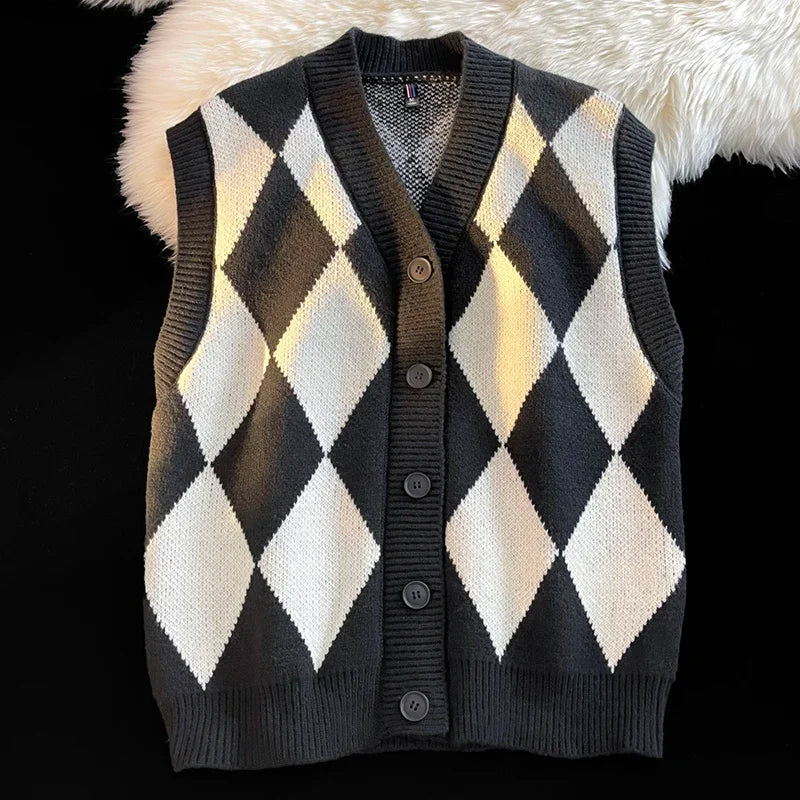 Autumn Winter Men Casual Checkerboard Comfortable Versatile Breathable Warm Vest Cardigan New Men Sports Leisure Warm Knit Vest