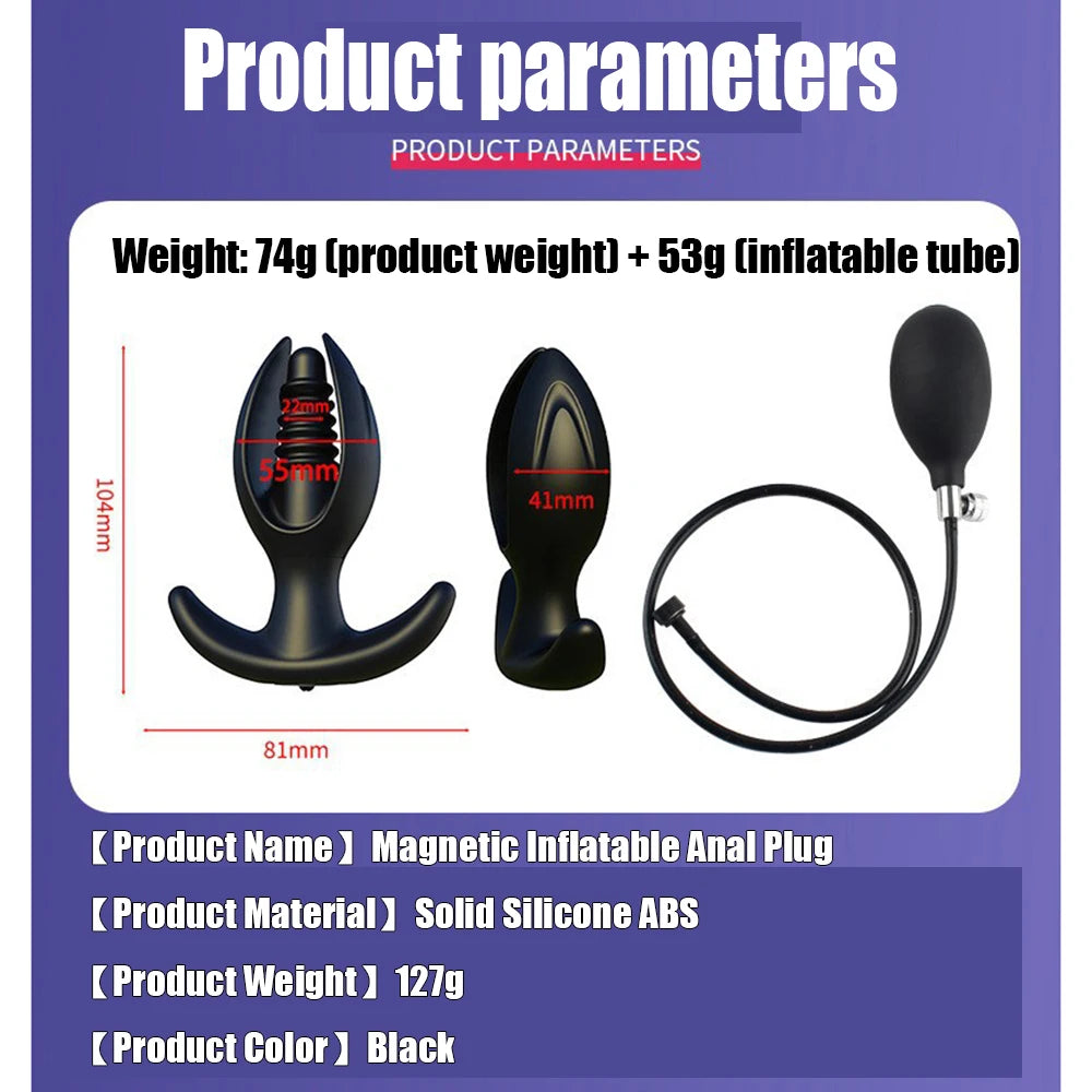 Silicone Magnetic Inflatable Butt Plug with Pump - Black Expandable Anal Stretcher, Prostate Massager Sex Toy for Men Women