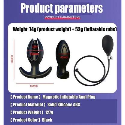 Silicone Magnetic Inflatable Butt Plug with Pump - Black Expandable Anal Stretcher, Prostate Massager Sex Toy for Men Women