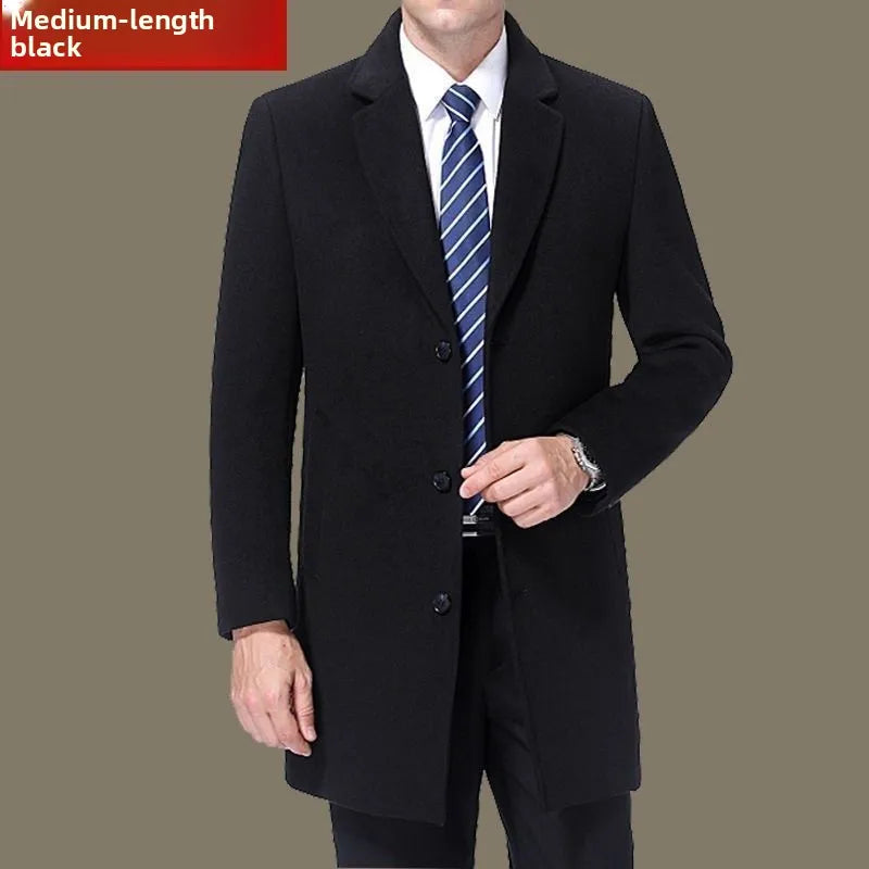 Men's Woolen Coat Medium Length Busin Casual Suit Collar Windbreaker Jaet Warm Long Sve Pure Color Autumn Faion