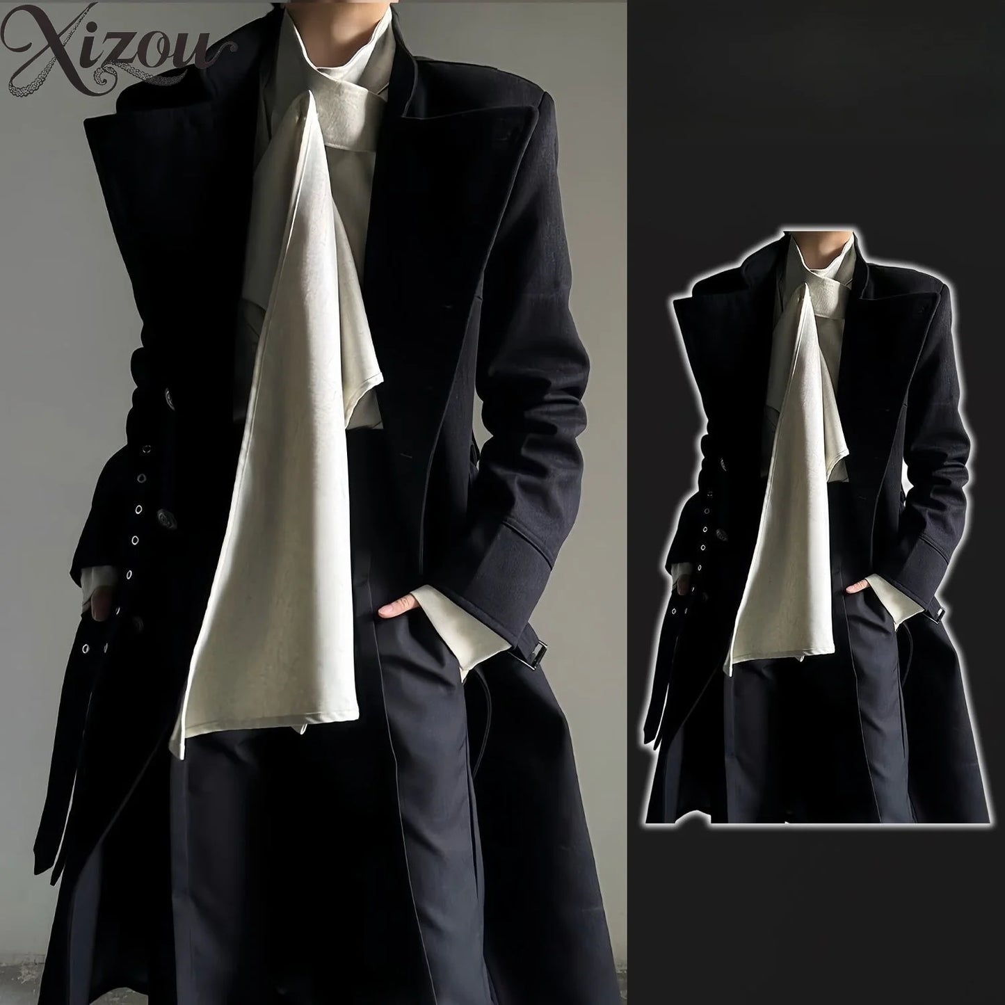 Black Belt Button Long Trench Coat Stand Collar Pad Shoulder Slim Fit Military Uniform  Cosplay Spring Autumn Unisex Men Women