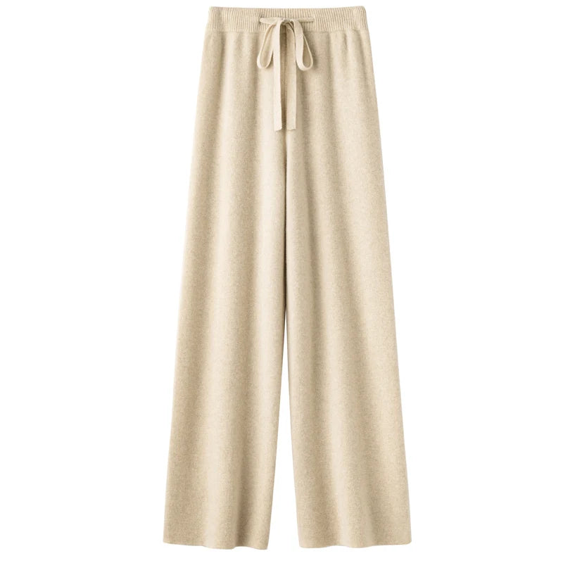 High Waist Wool Knitted Wide Leg Pants Women's Outerwear Autumn Winter Thickened Floor-Length Straight Cut Casual Trousers