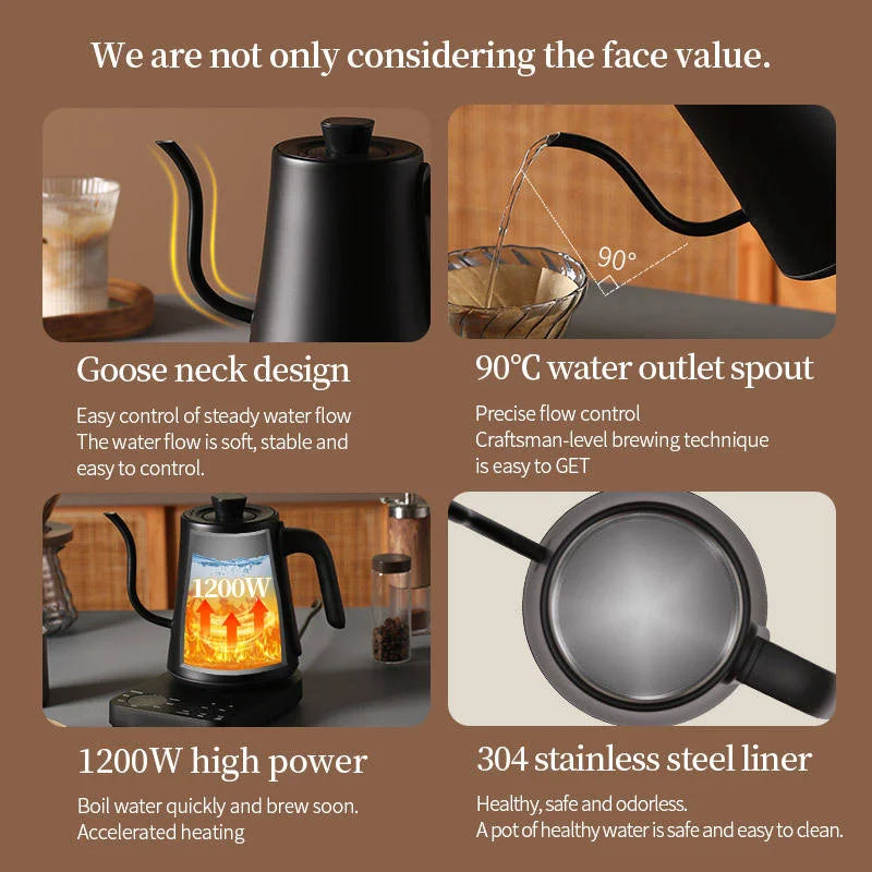 1000ml gooseneck electric coffee maker, stainless steel, with thermostat control, suitable for home use.