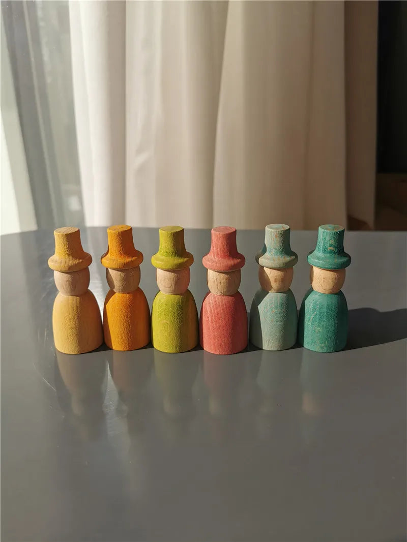 Rainbow Wood Peg Dolls Pastel Color  Wizard Figures Montessori Toy For Kids Block Play