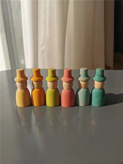 Rainbow Wood Peg Dolls Pastel Color  Wizard Figures Montessori Toy For Kids Block Play