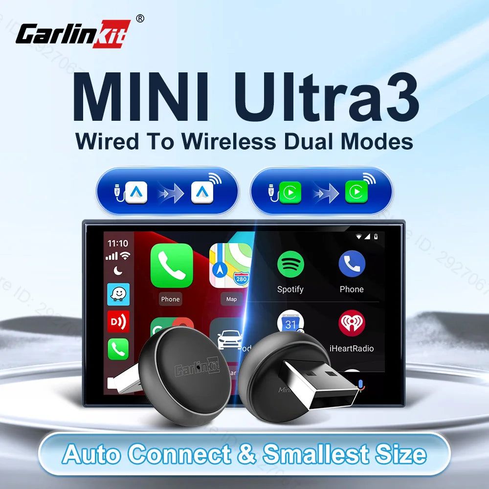 CarlinKit Mini Ultra 3 Wireless CarPlay & Android Auto Adapter Wired To Wireless USB Dongle Plug and Play Fast Auto Connection