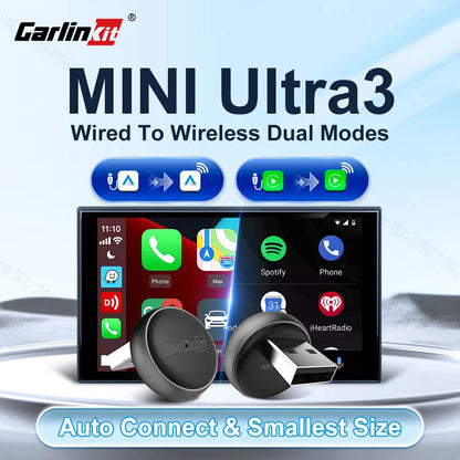 CarlinKit Mini Ultra 3 Wireless CarPlay & Android Auto Adapter Wired To Wireless USB Dongle Plug and Play Fast Auto Connection