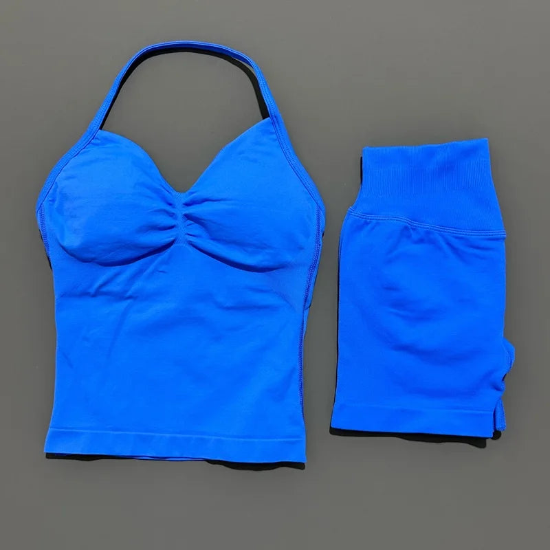 HISTELLO 2 Pieces Sports Set Women Yoga Longline Strap Top Scrunch Seamless Shorts Sport Gym Set Sportswear Workout Fitness Set