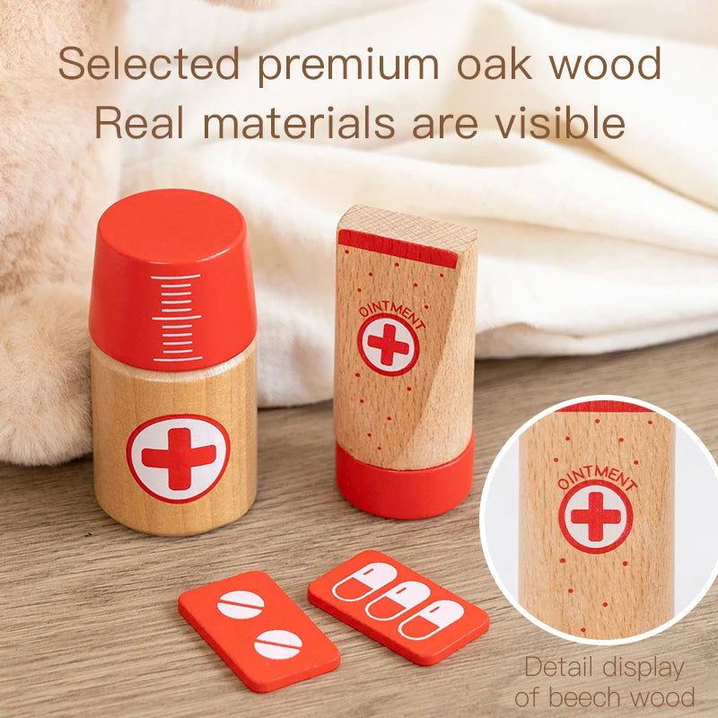 Red Wooden Doctor Toy Set - Imaginative Role Play and Fine Motor Skills for Children Aged 3 and Up Gift Box or Drawstring Bag