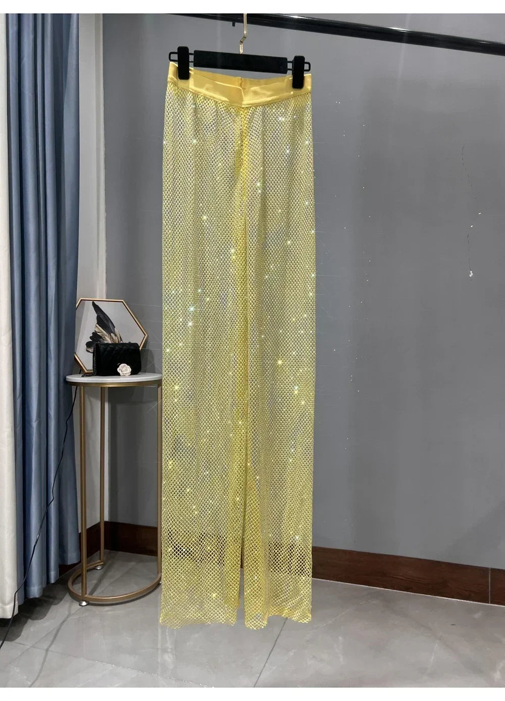Black Trousers Y2k Pants Club Party Women's Sexy Cutout AB Color Diamond Sparkling Mesh Leggings Slim Fit Diamond Trousers