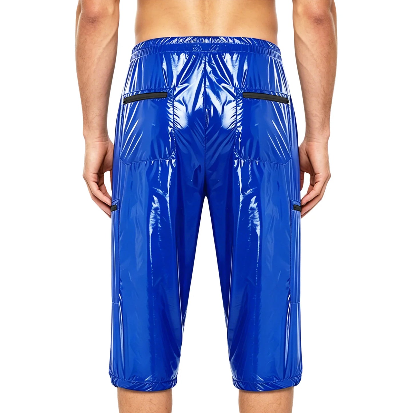 Men Oil Glossy Cargo Shorts Waterproof Elastic Waist Band Multi-pocket Zipper Overalls Capri Pants Dance Clubwear Beach Swimwear