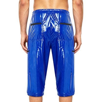 Men Oil Glossy Cargo Shorts Waterproof Elastic Waist Band Multi-pocket Zipper Overalls Capri Pants Dance Clubwear Beach Swimwear