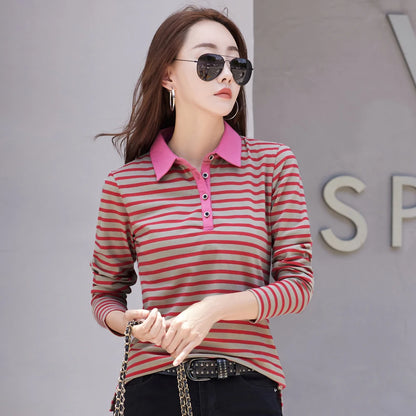 Korean Fashion Long Sleeve  Cotton Polo Shirt Women Stretch Plus Size  Autumn Slim Knitted Polo For Women Striped T shirt