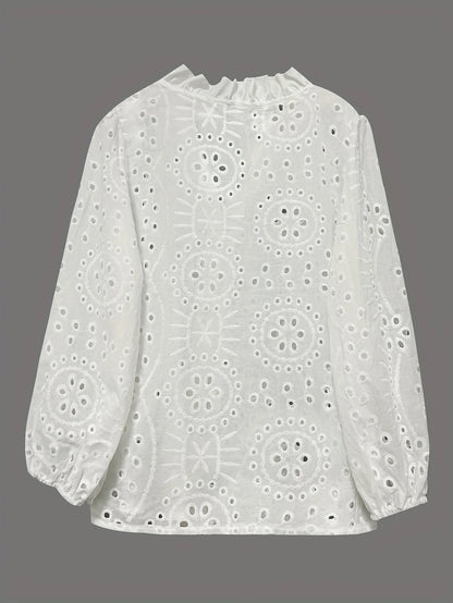 New Loose Elegant V Neck Hollow Out Lace Shirt Long Sleeve Fashion Women Office Sweet Blouse Casual Ruffle Solid Color Top