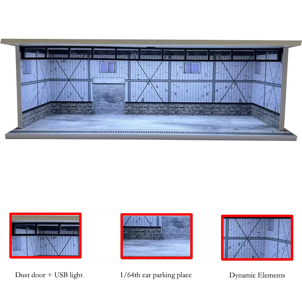 1/64 Scale Diecast Car Garage Diorama Model Miniature Case LED Light Parking Garage Diorama Kit for Collectible Cars Model