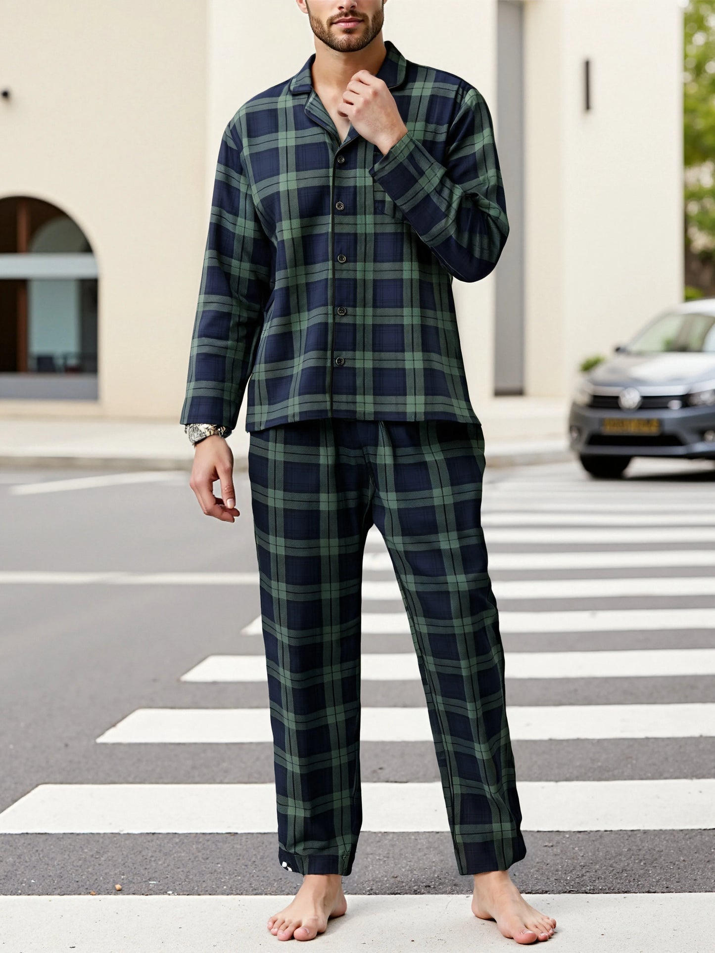 Mens Plaid Pajama Sets Sleep Pajamas for Men Pjs Set Soft Lounge Sleepwear Pj Bottoms with Pockets Pjs Shirts