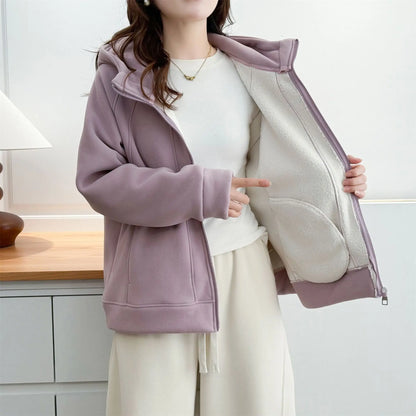 XXXXL Fashion Plus Size Women's Hoodies 2025 Winter New Solid Color Fleece Thickened Graphene Warm Hooded Sweatshirt Jacket 8816