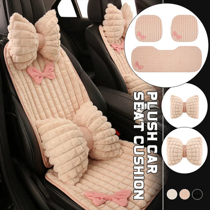 Bowknot Women's Car Seat Cover Winter Plush Warm Girl Cute Car Cushion Pink Bow Headrest Waist Car Interior Accessories