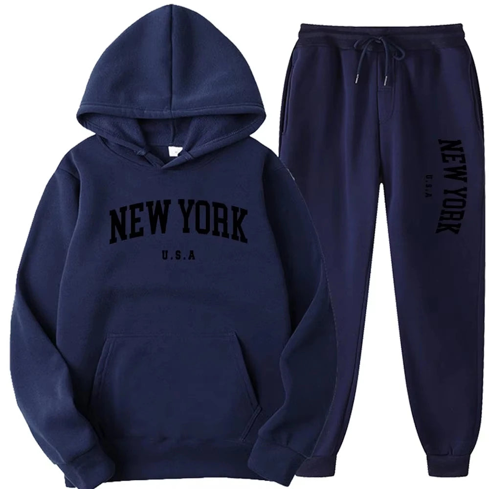 New York Print Hoodies Casual American Style Hoodie Set Mens Autumn Long Sleeves Hooded Loose Pullover Street Sweatshirt