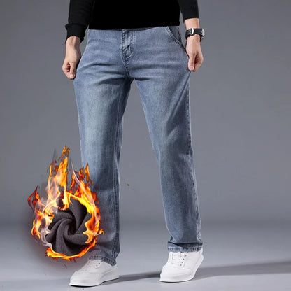 Elastic Business Jeans for Men's Fleece Thick Casual Warm Velvet Trousers Formal Office Daily Wear Plush Denim Trousers Men