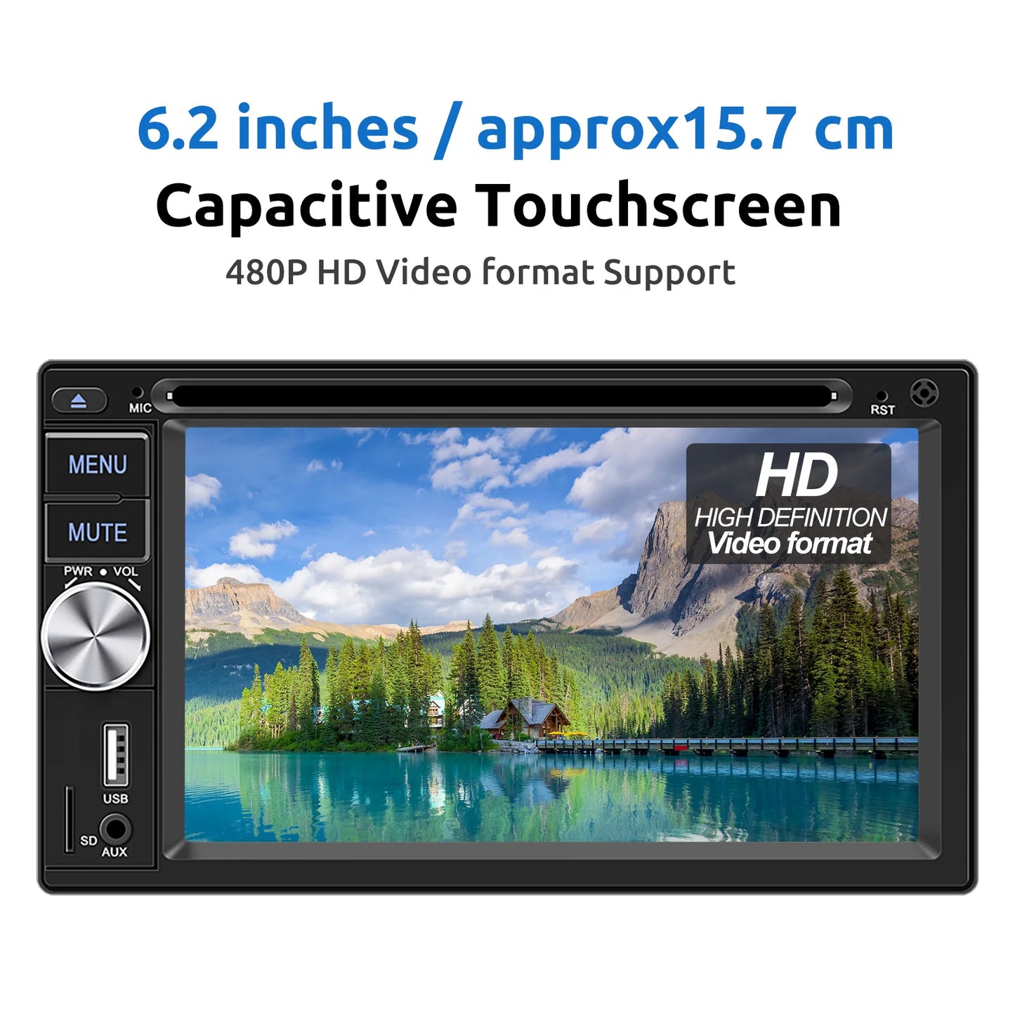6.2" Double 2 DIN Car Stereo Radio CD DVD Player Apple Carplay & Android Auto FM/RDS HD Touch Screen Bluetooth USB TF+MIC&Camera