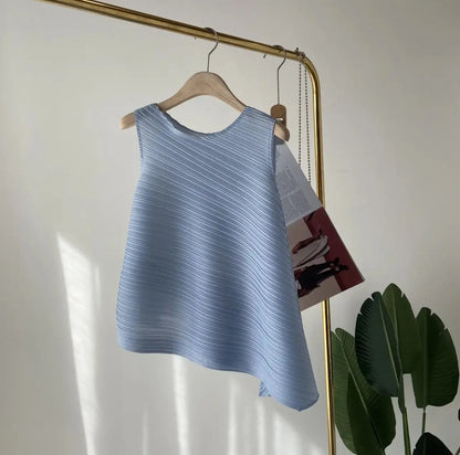 Unique Folded Design Sleeveless Top Set for Small Women Elegant Suitable Travel Wear Polyester Summer T-Shirt round Neck High...