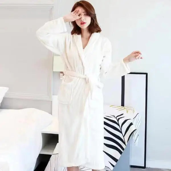 Thickened Long Coral Fleece Robe for Women Autumn Winter Plush Flannel Sleepwear Ankle-Length Men's Bathrobe Home Clothes