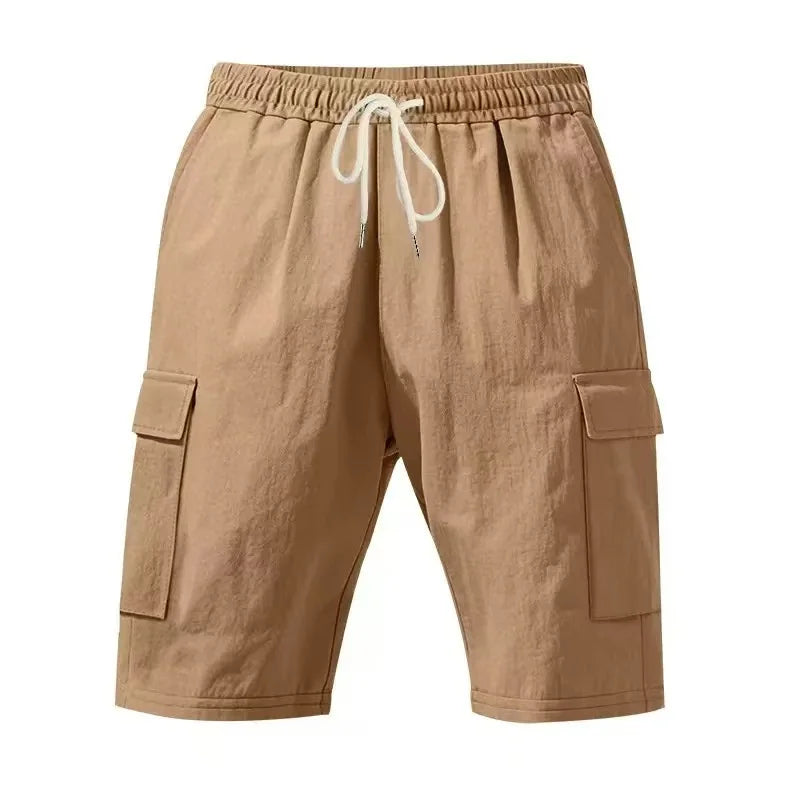2026 New Summer Casual Cotton and Linen Pocket Solid-Color Shorts, Men's Lace-Up Fashionable and Comfortable Beach Cargo Pants