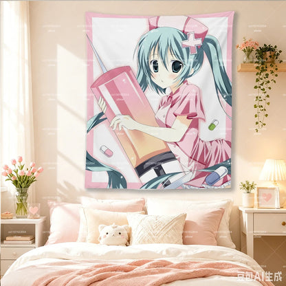Hatsune Miku Nurse Tapestry, Pink Border Syringe Pill Anime Wall Hanging Bedroom Dorm Aesthetic Decor
