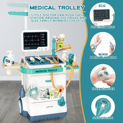 Doctor Kit Set Mobile Medical Station Cart with Injection Stethoscope Hospital Tool Doctor Role Play Toy Kid Birthday Xmas Gifts