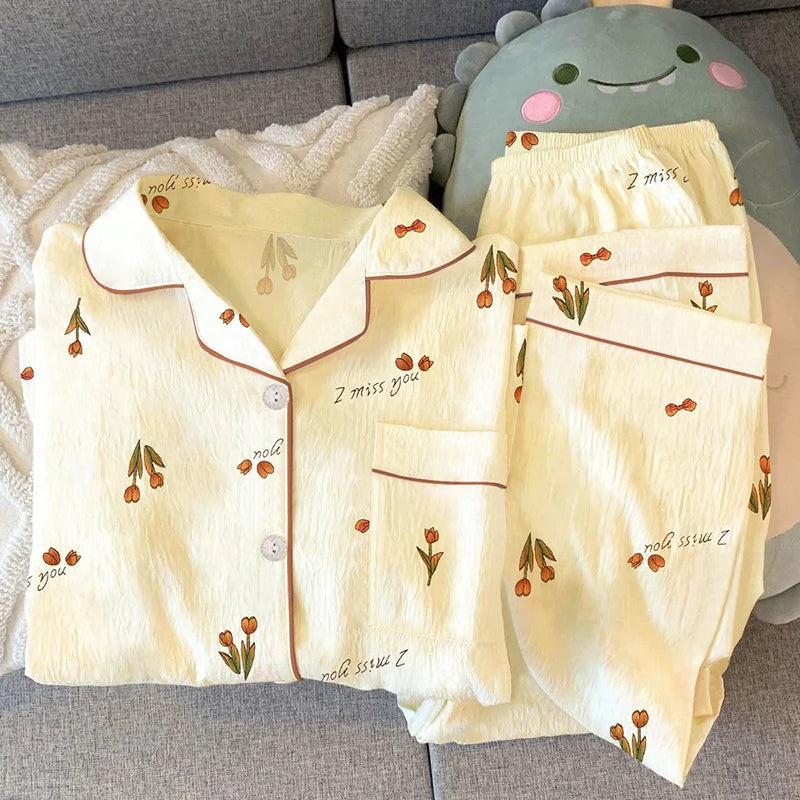 Girls Stripe Sleepwear Women's  Knot Star Long Sleeve Long Pants Korean Style Sweet Crepe Home Clothes Set