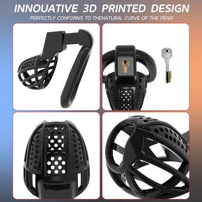 Secure Adjustable Male Chastity Harness Kit with Birdcage Cage - 5 Ring Sizes Black Penis Chastity Device for Long Term Wear, Co