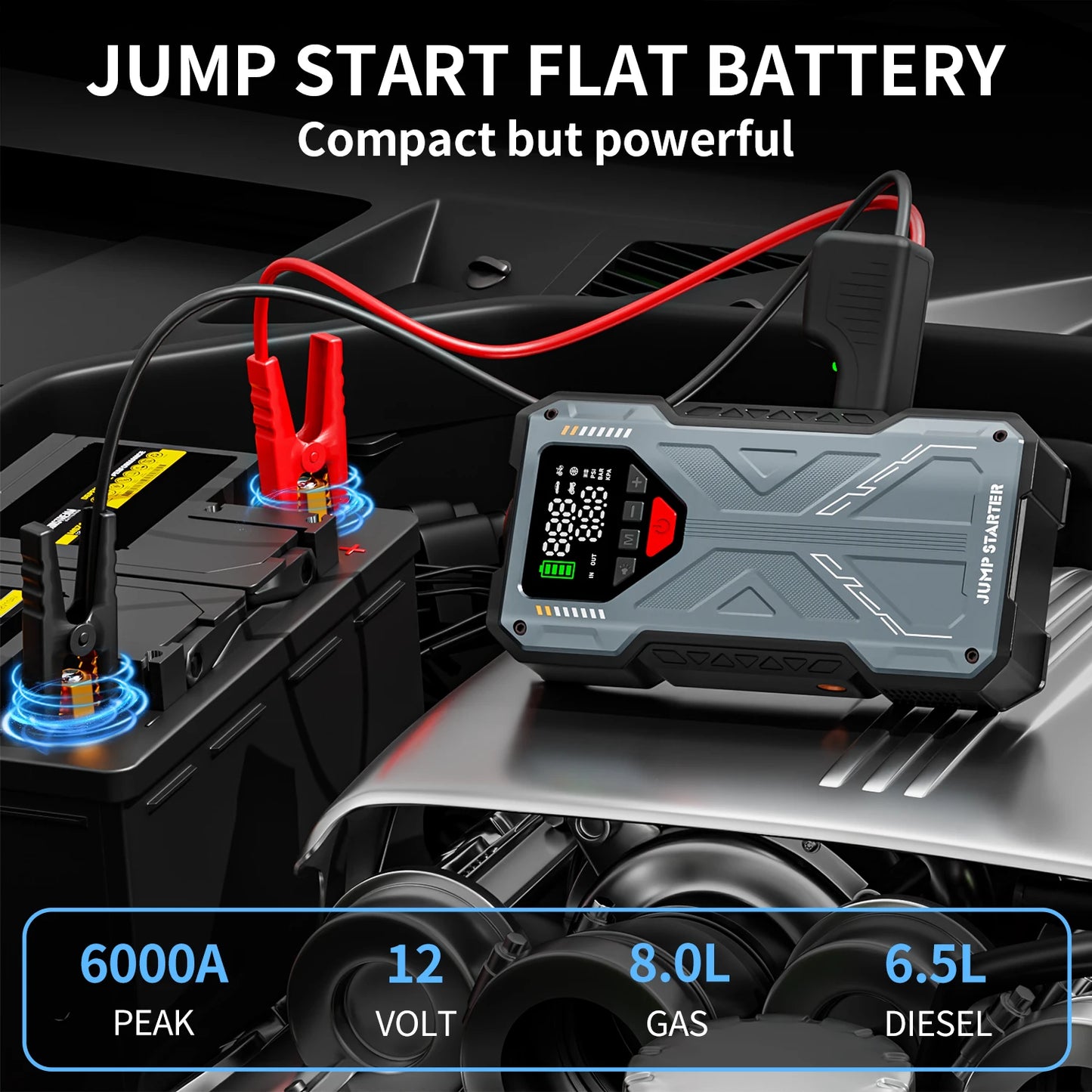 Jump Starter with Air Compressor Tire Inflator，6000A Jump Starter with Air Compressor/Tire Inflator, 12V Jumper Box for Car(All