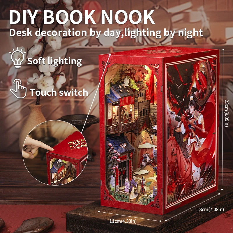 CUTEBEE Chinese Style Book Nook Wooden Dollhouse with Light Dust Cover DIY Bookshelf Insert Decor for Gift the Legend of Mulan