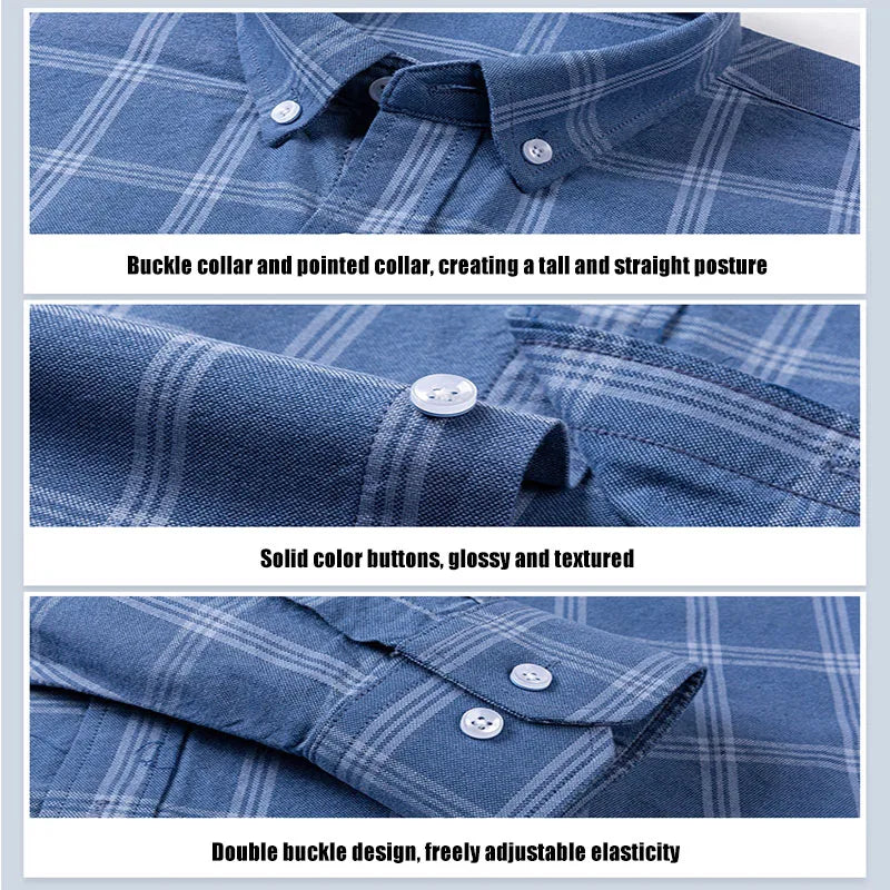 Classic Men's Long Sleeved Check Shirts 100% Oxford Cotton Casual Fashion Soft Plaid Stripe Solid Male Business Slim Fit Blouses