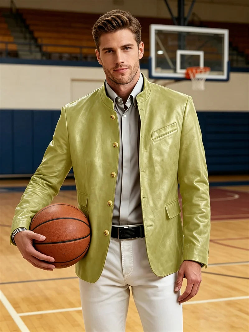 Men's Stand Collar Leather Blazer Slim Fit Single Breasted Golden Metal Buttons Multi Pocket Coat For Business Wedding Daily