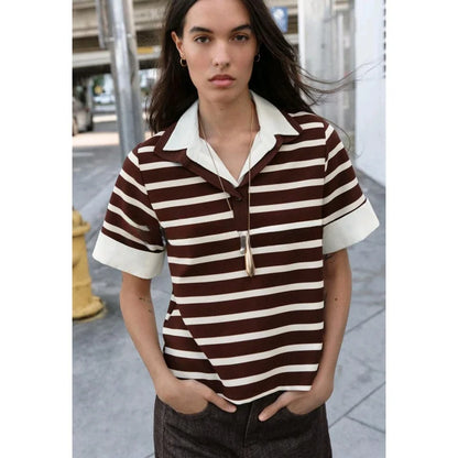 Spring New Women's Short Sleeve  Shirt Neck Splicing Stripe Pattern Casual Loose Fit Polyester Fiber Creative Design