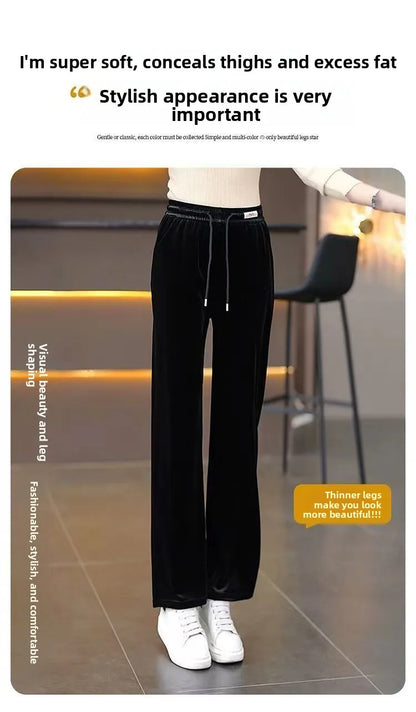 Fashionable Gold Velvet Wide Leg Pants Women's Winter Loose Slimming High Waist Fleece Casual Straight Long Trousers