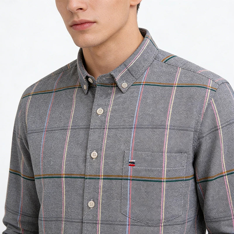 100% Cotton Oxford Casual Shirts For Men Long Sleeved Plaid Striped Soft Regular Fit Formal Single Pocket Social Fashion Blouses