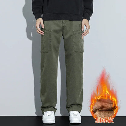 Men's Lyocell Multi Pocket Fleece Lined Wide Leg Cargo Pants 2025 Autumn Winter High Quality Warm Casual Long Pants Plus Size 38