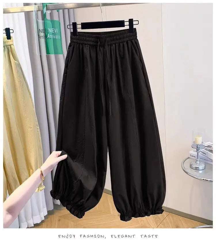 Casual Ice Silk Quick Dry Nine-Piece Flower Bud Pants Women Summer Thin Loose High Waist Draping Lantern Pants