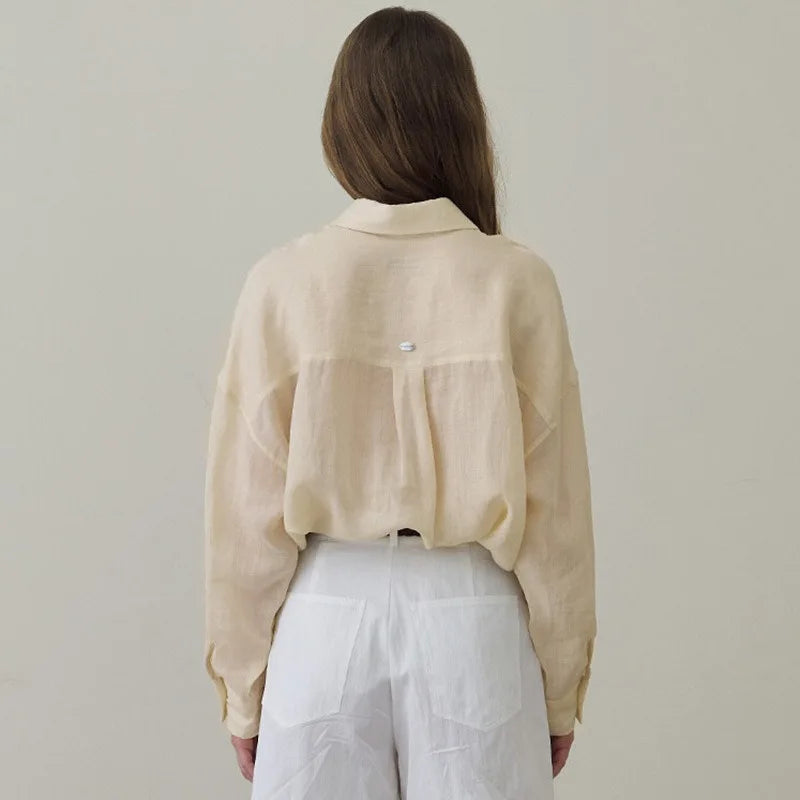 100% Ramie Thin Breathable Women Shirt Chic French Lapel Single-Breasted Cardigan Ladies Loose Simple Long-Sleeved Shirts