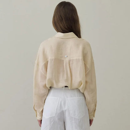 100% Ramie Thin Breathable Women Shirt Chic French Lapel Single-Breasted Cardigan Ladies Loose Simple Long-Sleeved Shirts