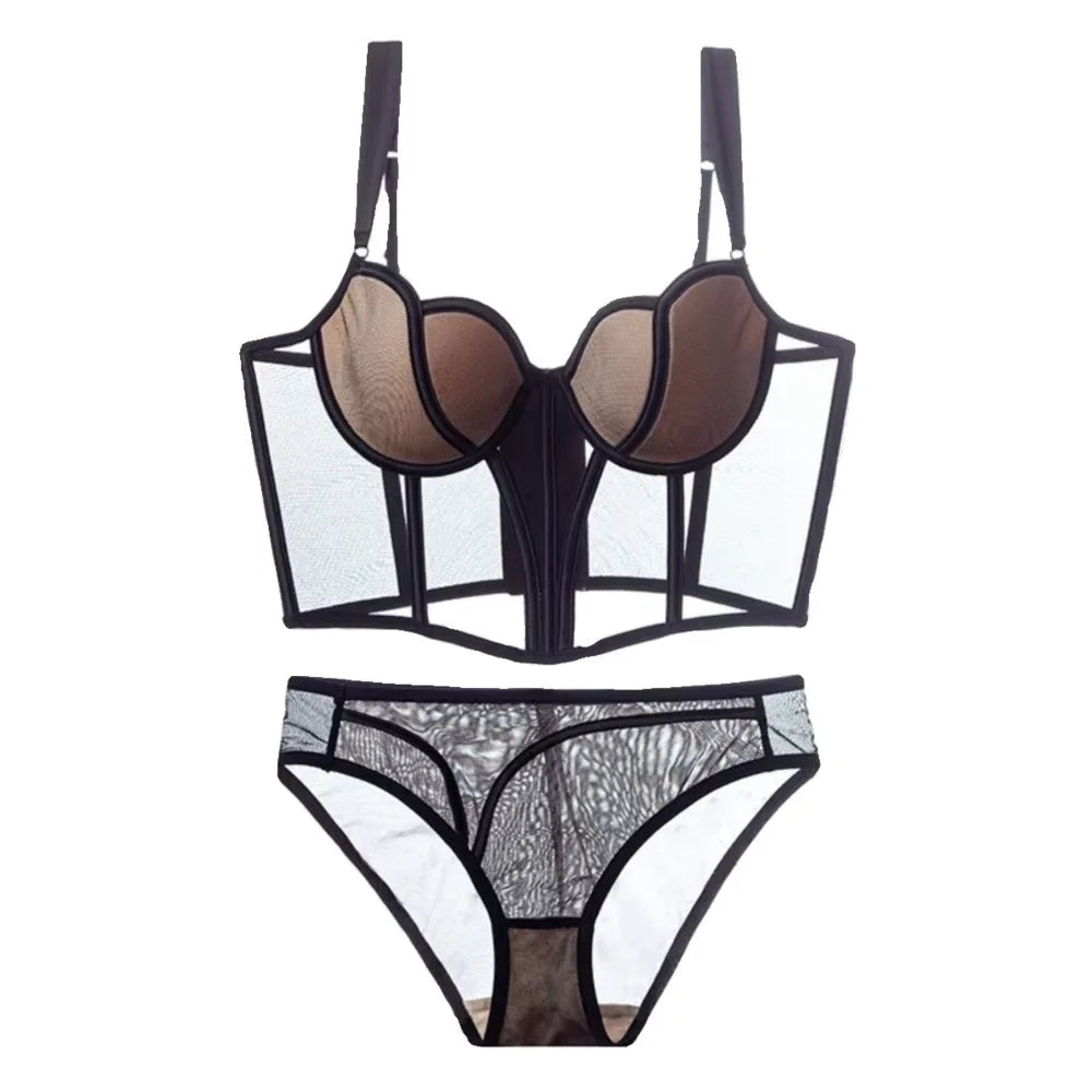 French Style Fishbone Corset Bra Set Push Up Thin Lingerie For Small Breasts Full Support Anti Sag Plus Size S-XL Sexy Underwear