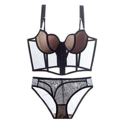 French Style Fishbone Corset Bra Set Push Up Thin Lingerie For Small Breasts Full Support Anti Sag Plus Size S-XL Sexy Underwear