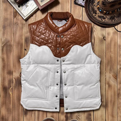 Mens Casual Genuine Leather Vest Coat Winter Warm Sleeveless Down Jacket Thick Stand Collar Sheepskin Spliced Cowhide Waistcoat