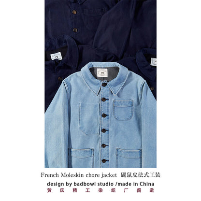 2026 Spring Round Collar Mole Skin French Four Bag Workwear Jacket Heavy Duty Washed Vintage Styleouter Garment Loose Fit Coat